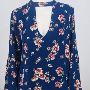 Free Press Floral Keyhole/Bell Sleeve Blouse Top